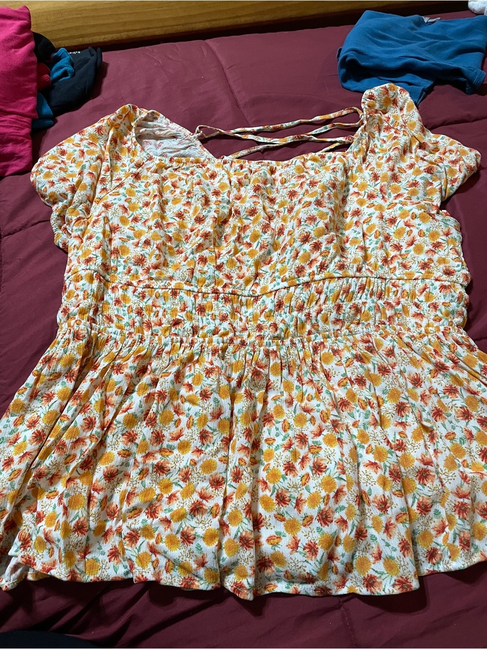 torrid Cream Floral Puff-Sleeve Peplum Top with Orange and Yellow Flowers